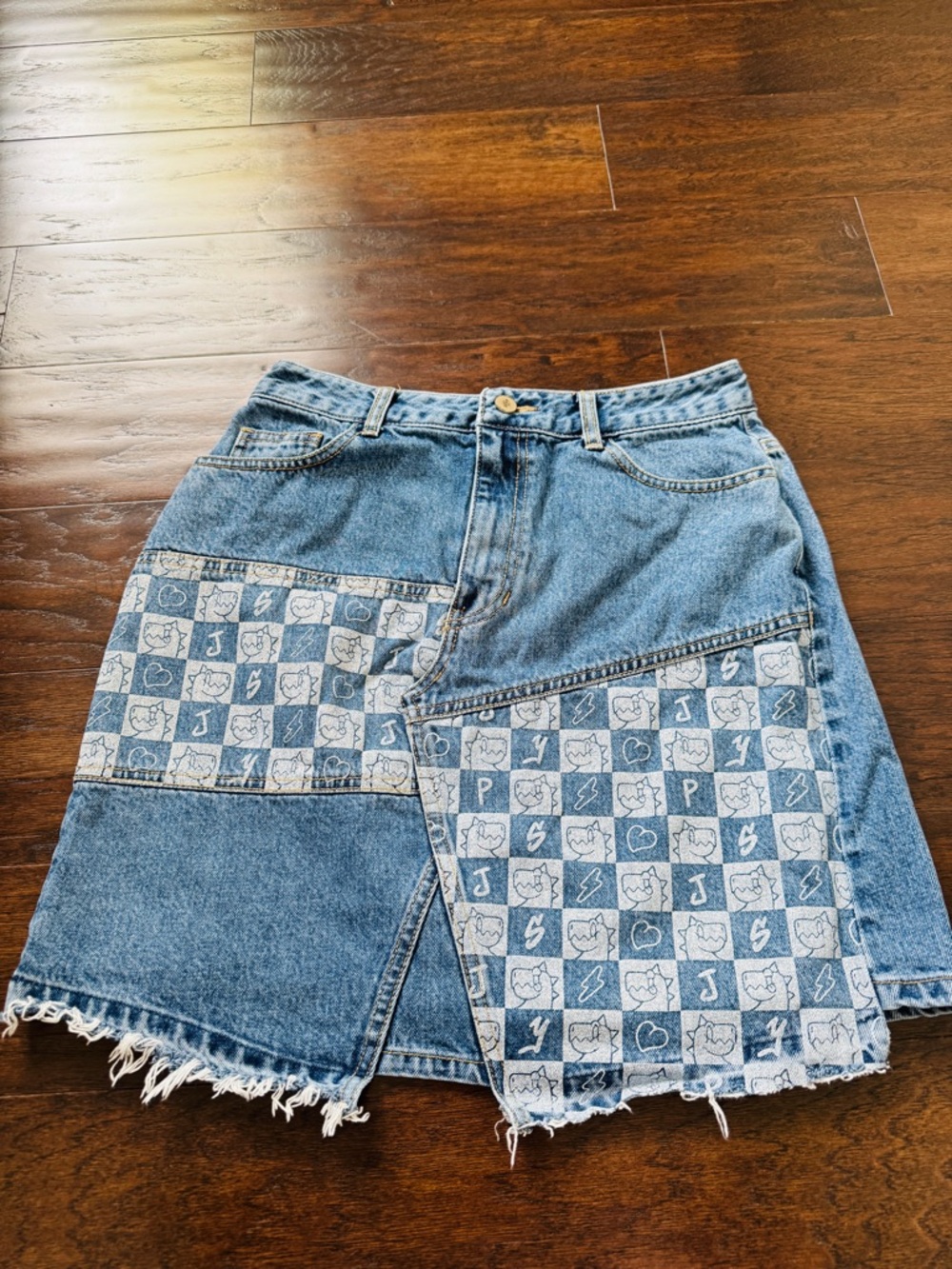Patchwork Checkerboard Denim Mini Skirt - Blue